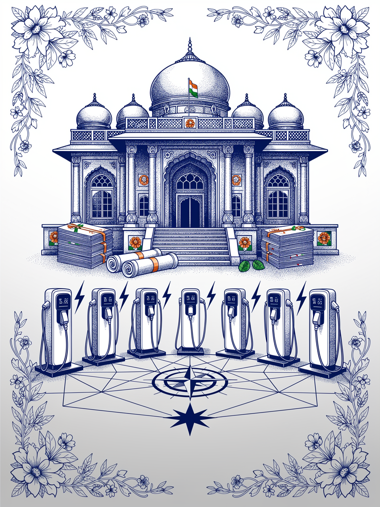 Government infrastructure illustration showing classical Indian architecture with modern EV charging network and official documents representing PM E-DRIVE scheme funding and NPCI payment integration