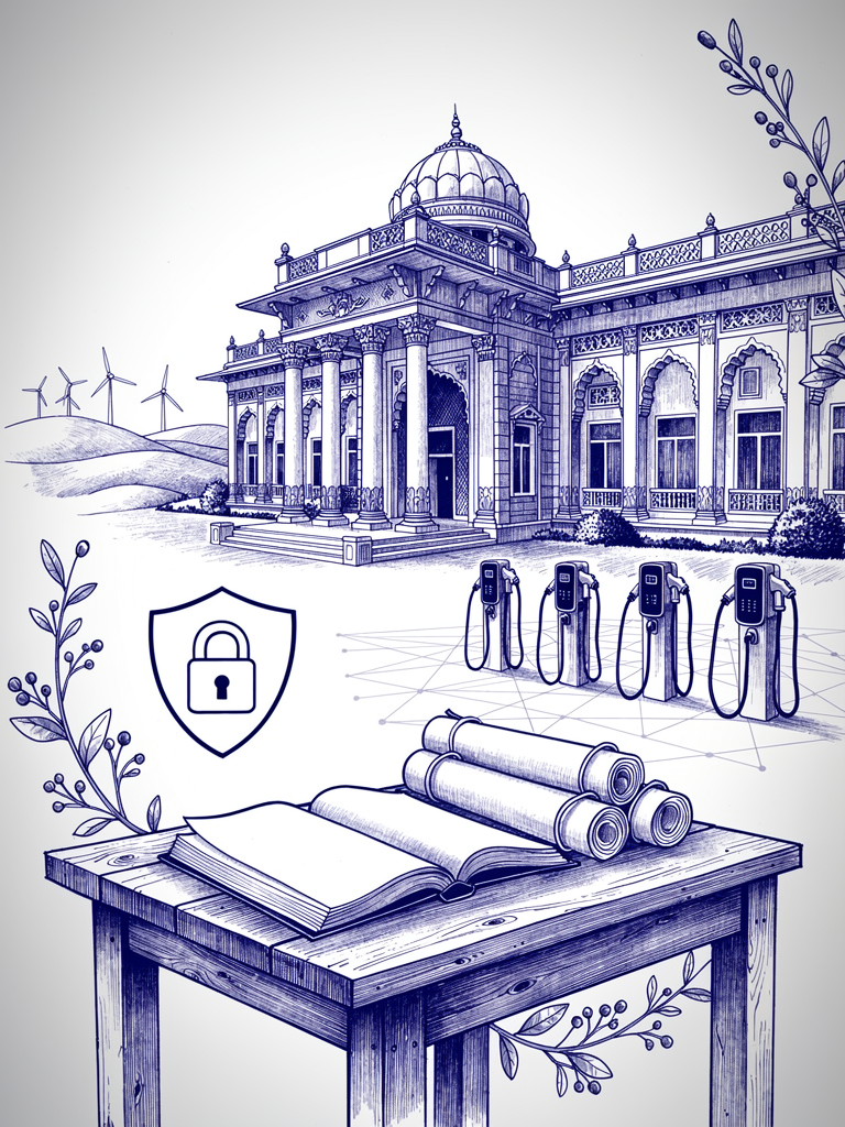 Classical Indian government building with policy documents and connected EV charging infrastructure representing coordinated UBC deployment