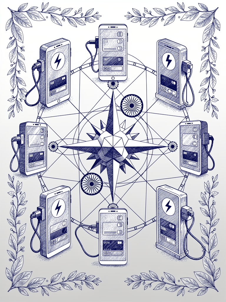 Illustration showing UPI payment apps connected to EV charging network infrastructure through standardized protocol integration