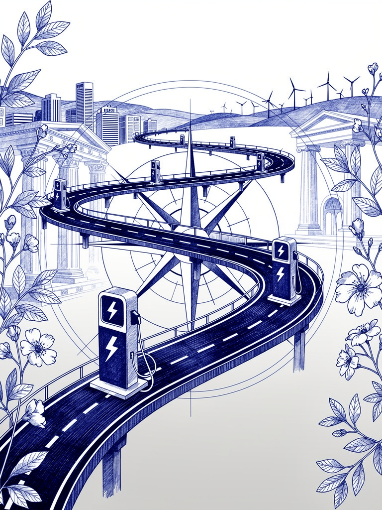Infrastructure landscape showing India's extensive EV charging network with charging stations along highways and urban areas, representing the country's milestone of 88,000 public charging points