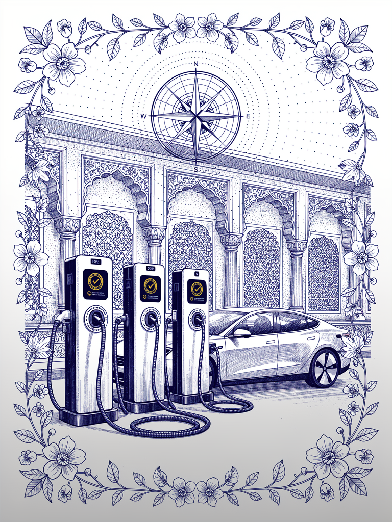 Professional illustration showing certified EV charging stations with compliance indicators and Indian architectural elements representing the UBC certification framework