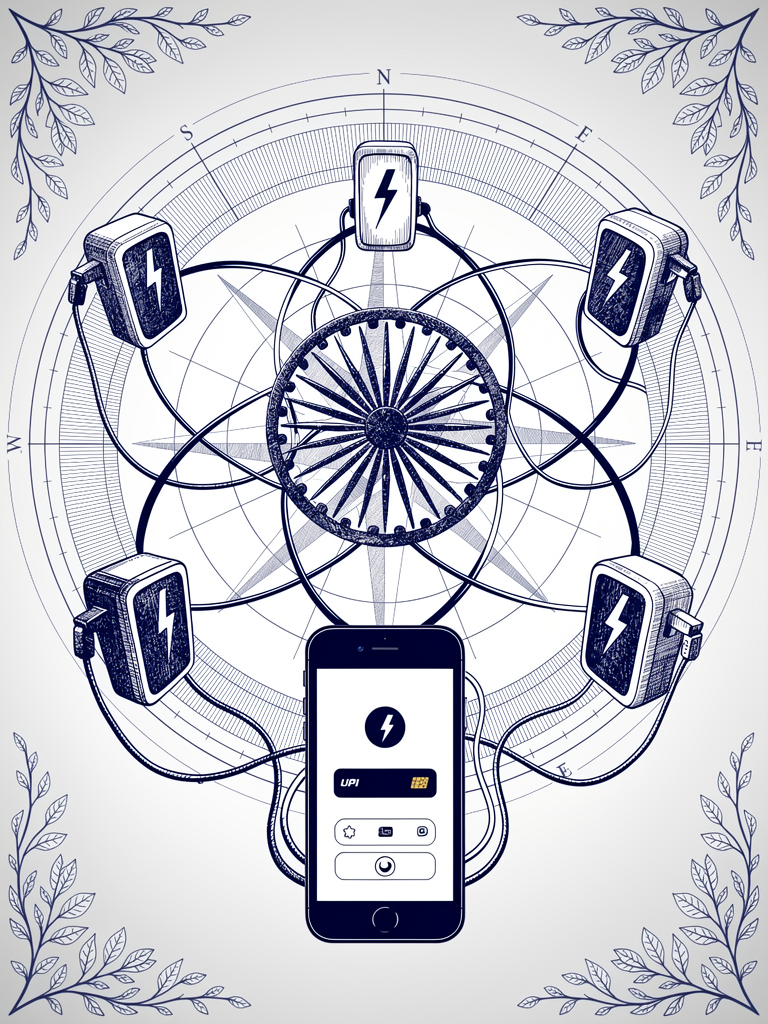 Technical illustration showing UPI payment ecosystem connecting to EV charging infrastructure through network topology with Indian cultural motifs