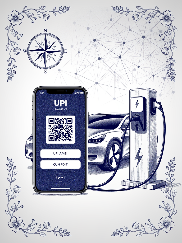 Technical illustration showing UPI payment interface connecting to EV charging infrastructure with network connectivity patterns and Indian architectural motifs