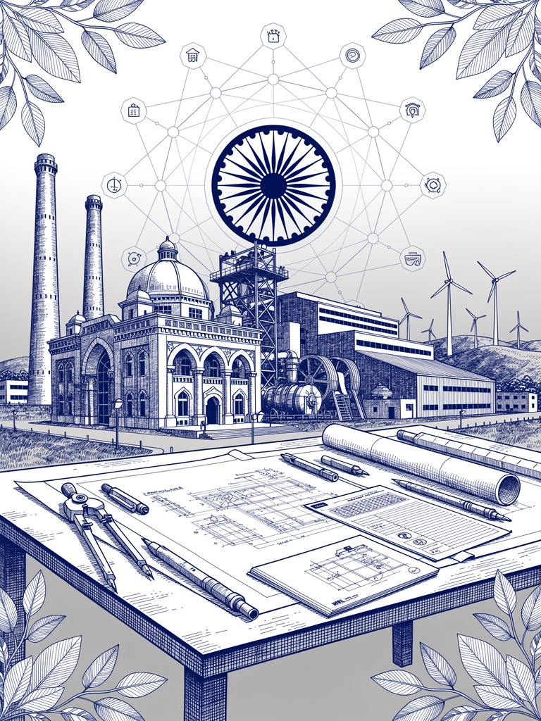 Industrial illustration of BHEL facility with engineering documents and network coordination symbols representing India's UBC implementation infrastructure