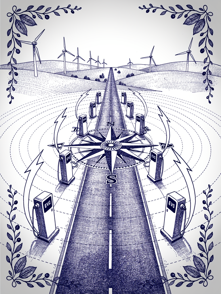Highway EV charging network illustration showing charging stations connected across a national network with compass navigation and renewable energy elements