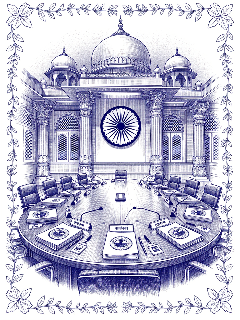 Government conference hall illustration showing multi-stakeholder coordination for UBC EV charging infrastructure deployment across Indian states