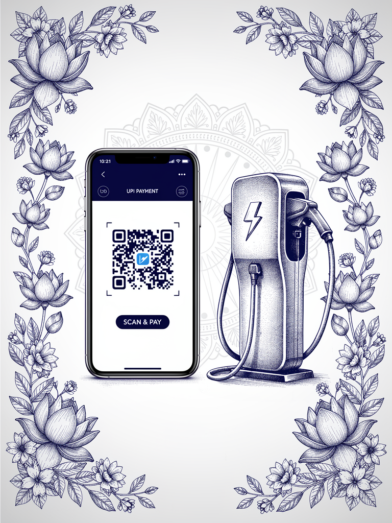 Smartphone displaying UPI payment interface next to electric vehicle charging station, illustrating seamless payment integration for EV charging