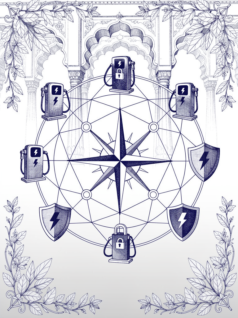 Technical illustration showing UBC certification framework with network topology, charging stations, security symbols, and architectural elements representing India's standardized EV charging infrastructure
