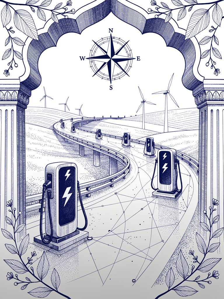 Highway corridor illustration showing UBC-integrated EV charging stations along India's superhighway network with compass navigation and architectural elements