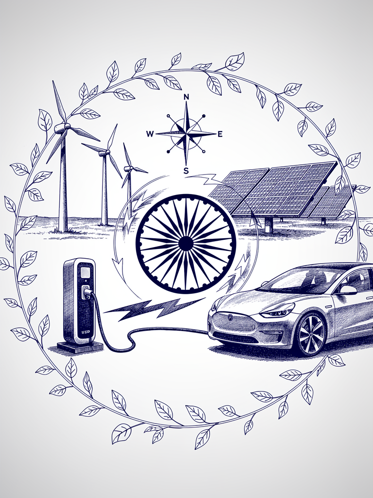 Vehicle-to-Grid technology illustration showing bidirectional energy flow between electric vehicle and grid infrastructure with renewable energy sources