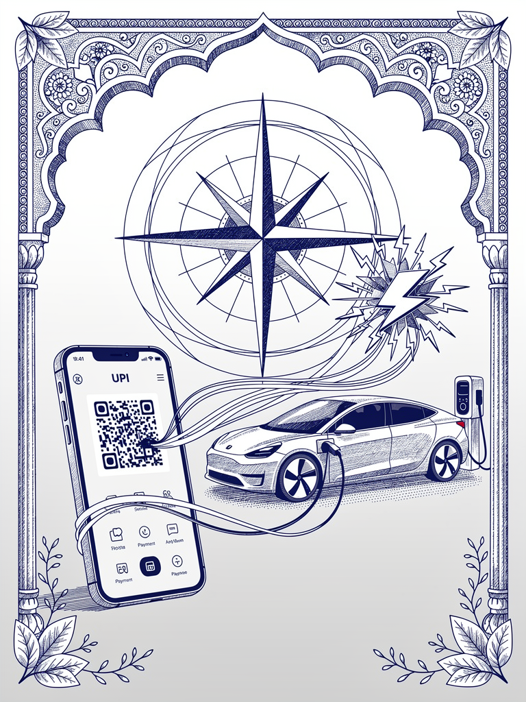 Digital payment and EV charging integration illustration showing smartphone, charging station, and Indian architectural elements representing UPI-UBC convergence
