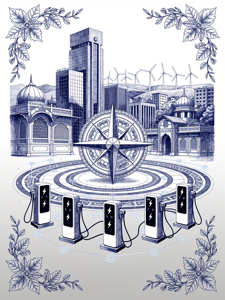 Economic transformation illustration showing India's unified EV charging market with traditional and modern architecture, charging stations, and network connectivity representing market growth and standardization
