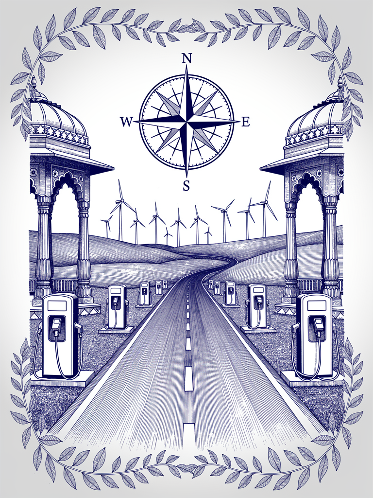 Highway infrastructure illustration showing India's strategic EV charging corridor development with charging stations, architectural elements, and renewable energy integration representing nationwide network expansion