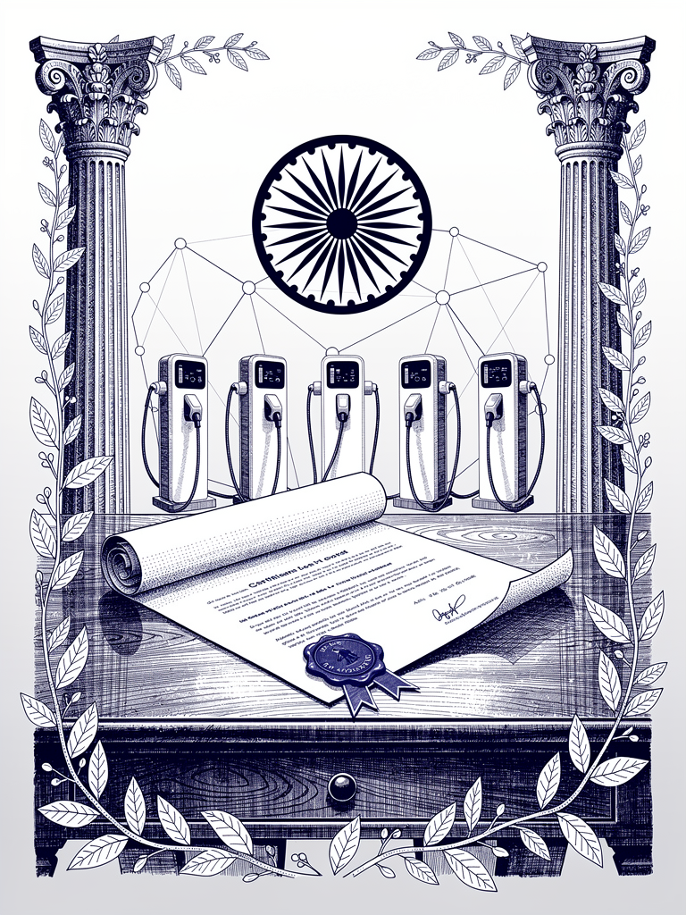 Certification process illustration showing official documentation and EV charging infrastructure with quality assurance symbols and Indian architectural elements