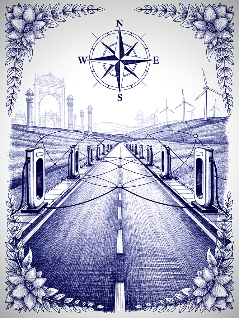 Highway EV charging corridor illustration showing charging stations connected along roadway with compass rose and Indian architectural elements representing nationwide infrastructure development