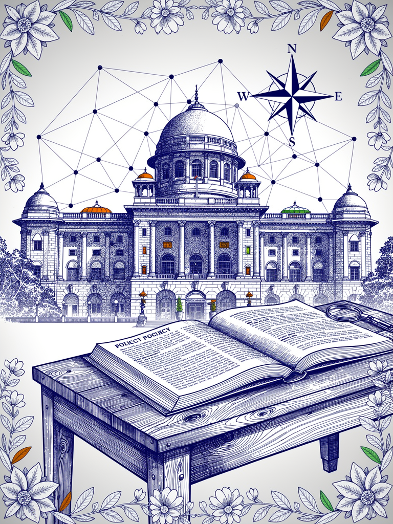 Government policy illustration featuring Indian administrative building with policy documents and network connectivity representing nationwide EV infrastructure standardization