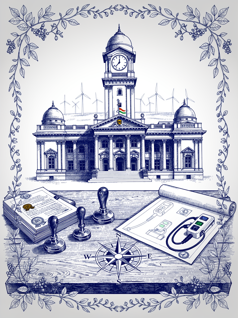 Government building with approval documents and EV charging blueprints, representing the gap between policy approvals and infrastructure deployment