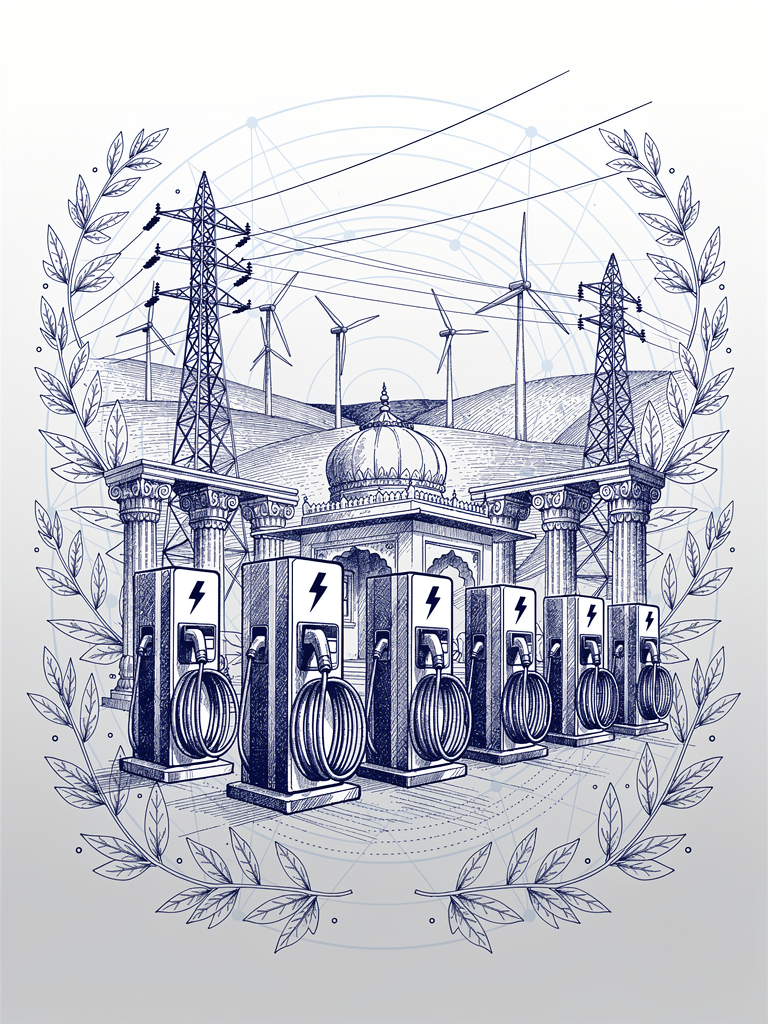 EV charging stations connected to electrical grid infrastructure with renewable energy sources, representing the complex grid integration challenges beyond protocol standardization