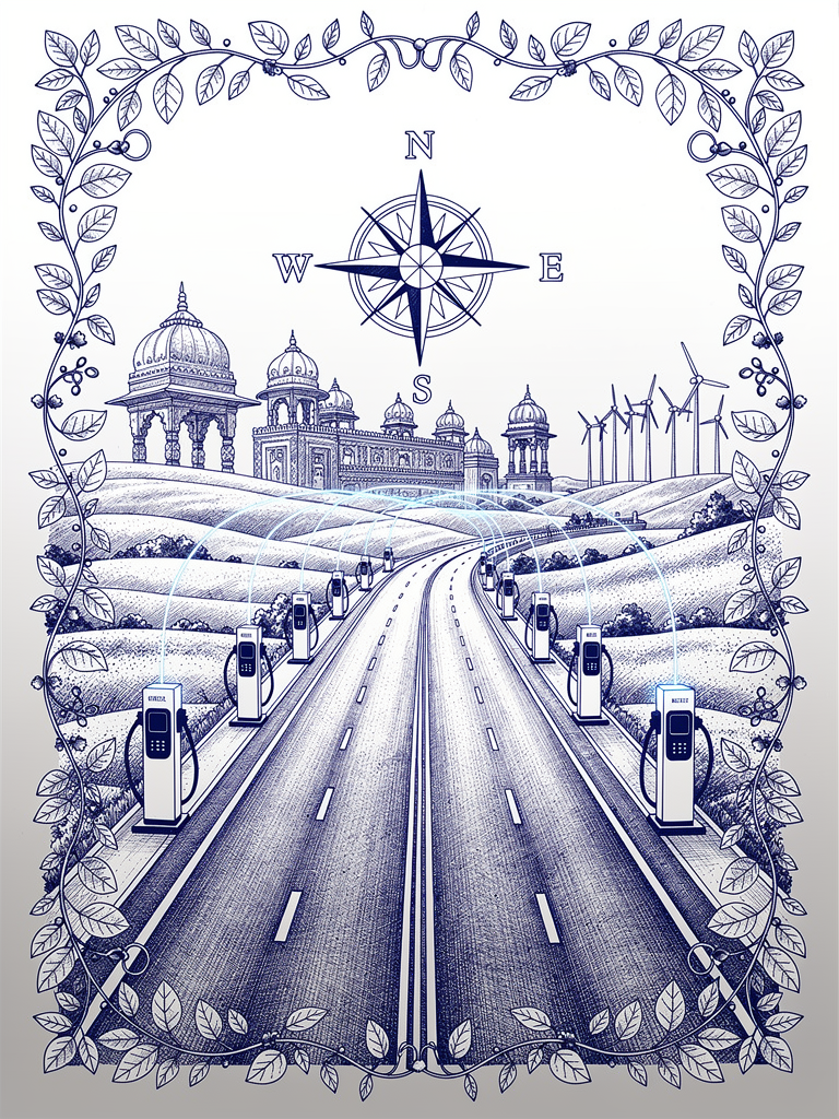 Illustration of India's national highway EV charging corridor with connected charging stations, compass rose, and Indian architectural elements representing the UBC protocol's role in highway infrastructure