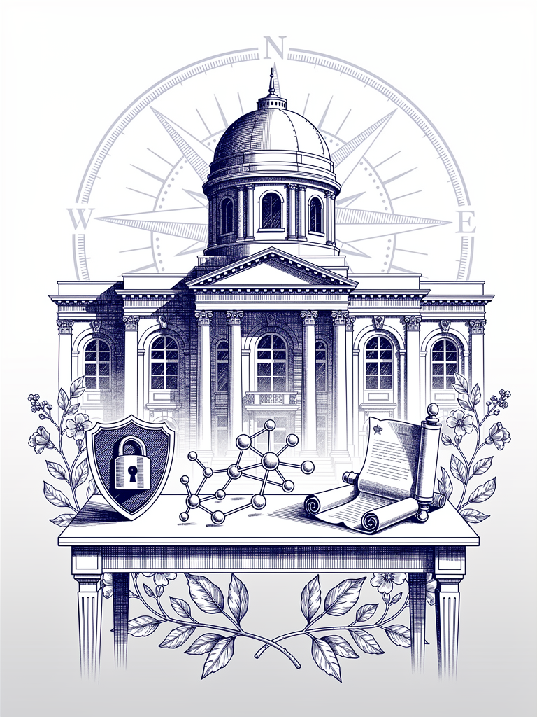 Illustration of Indian government institutions coordinating UBC policy with classical architecture, official documents, and connectivity symbols representing multi-agency collaboration
