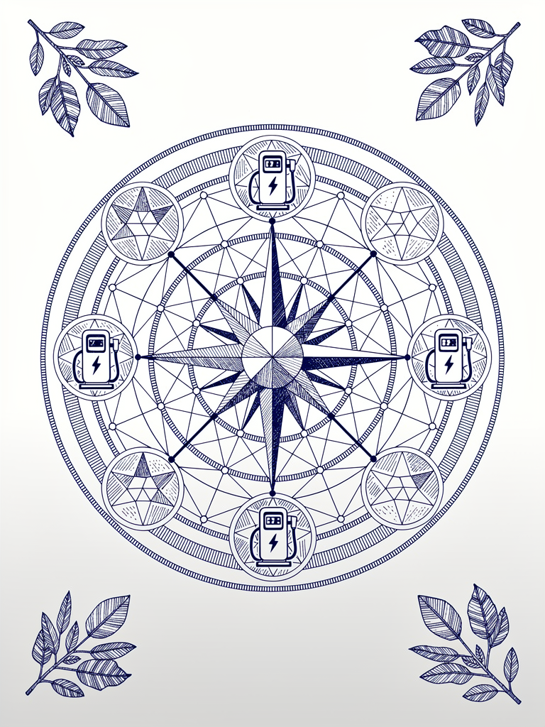Technical illustration showing interconnected network topology with charging stations and geometric patterns representing OCPI-UBC protocol integration and global interoperability standards