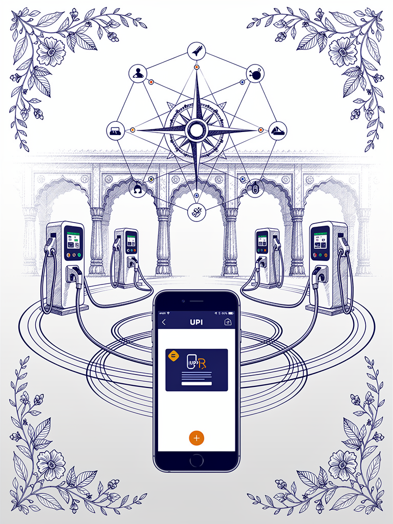 Digital infrastructure illustration showing UPI payment integration with EV charging stations through flowing connectivity lines and network topology