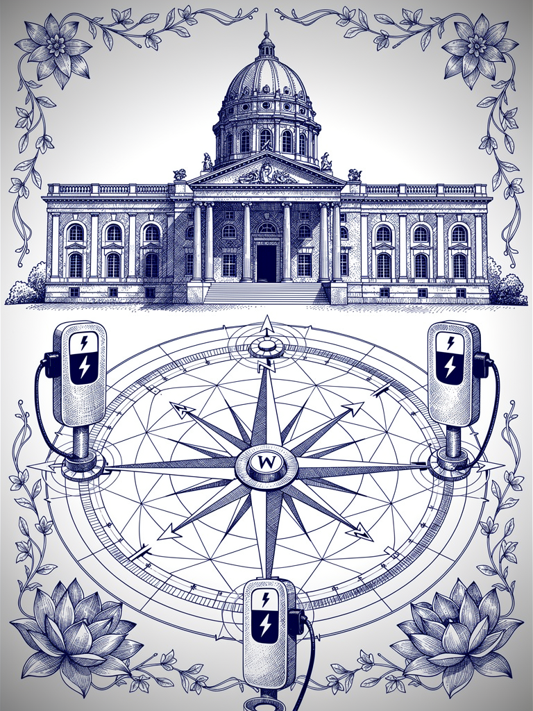 Illustration showing government architecture with compass rose and charging network symbols representing India's PM E-DRIVE infrastructure coordination