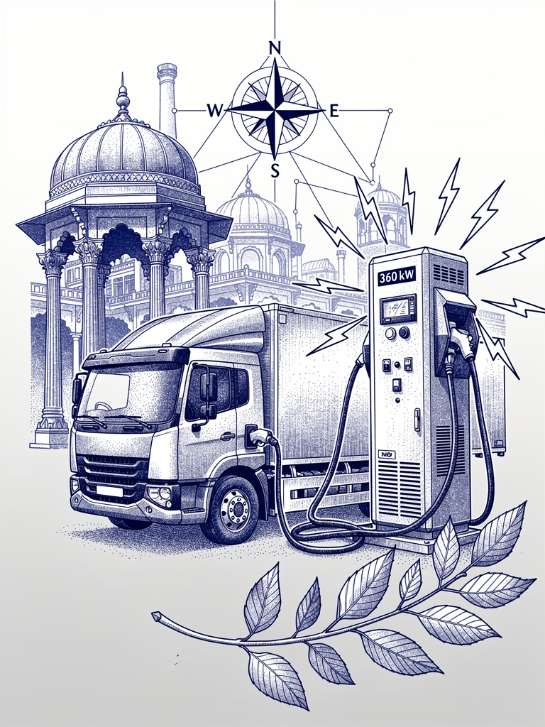 Industrial illustration showing BHEL's indigenous 360kW fast charger for commercial electric vehicles with classical Indian architecture and network connectivity symbols