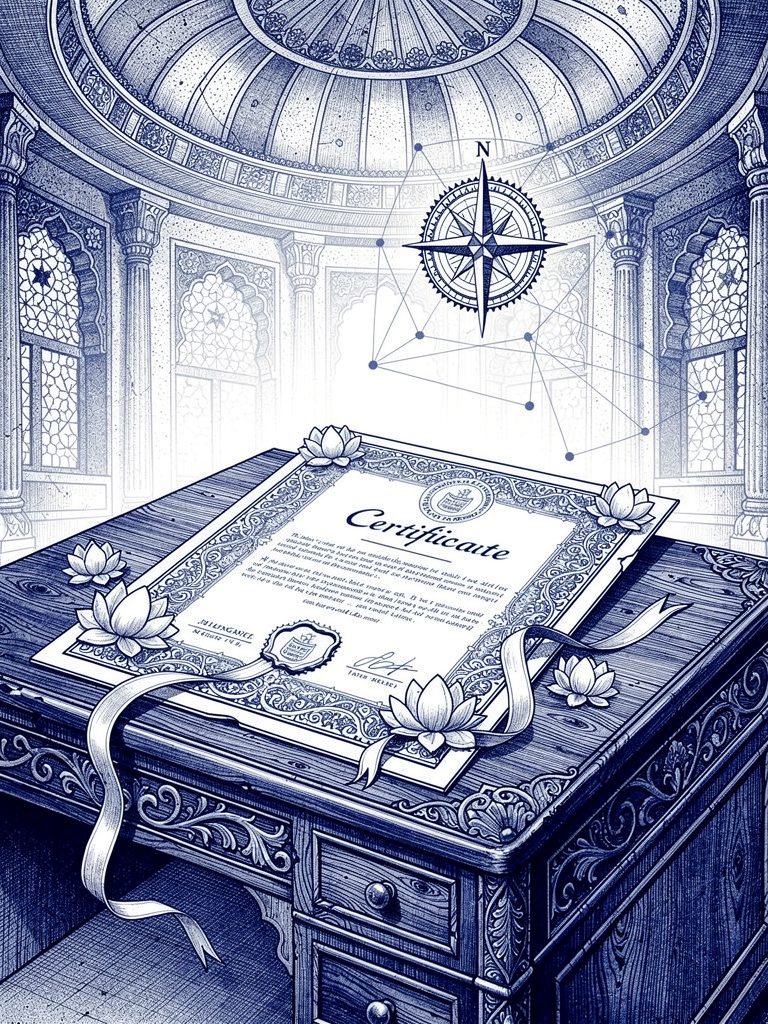 Official certification illustration showing UBC operator certification documents with Indian architectural elements and network connectivity symbols