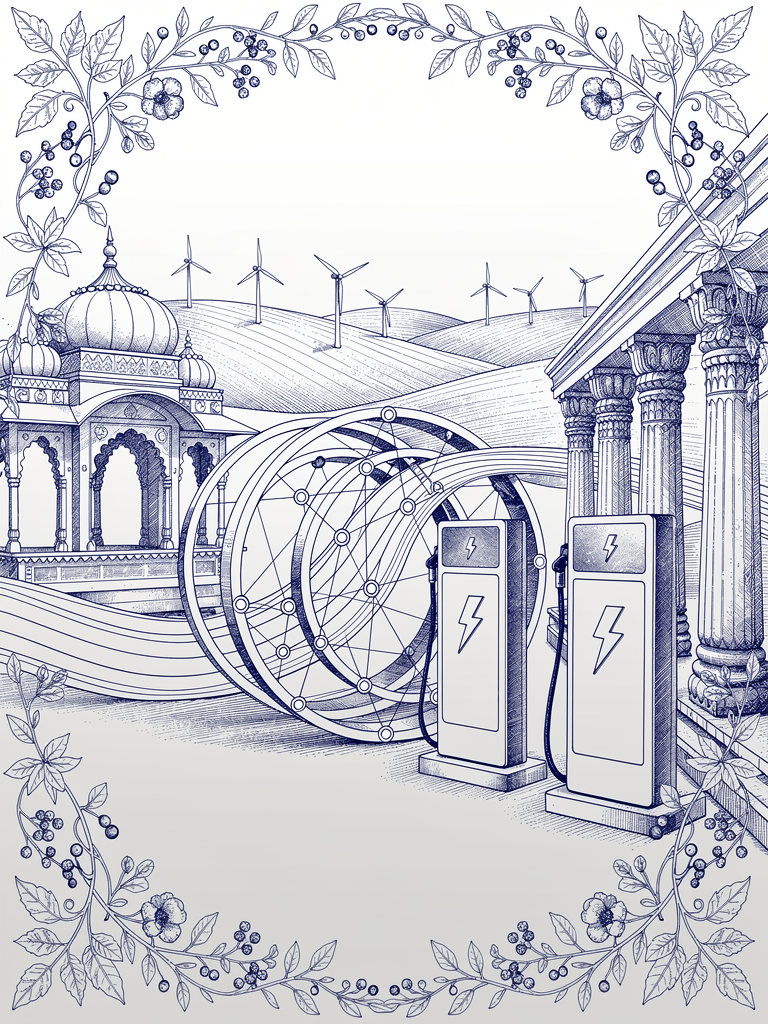 Market analysis illustration showing Indian infrastructure development with EV charging network connectivity and investment symbols