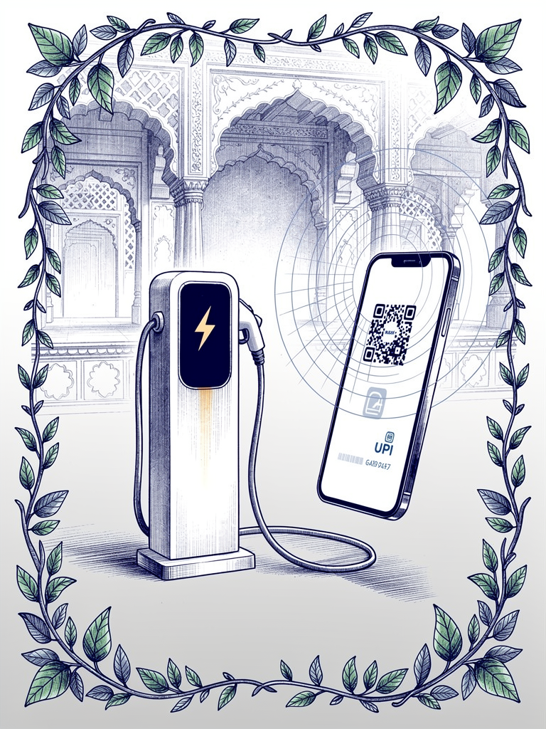 Payment experience illustration showing electric vehicle charging connected to UPI payment system with smartphone interface and Indian architectural elements