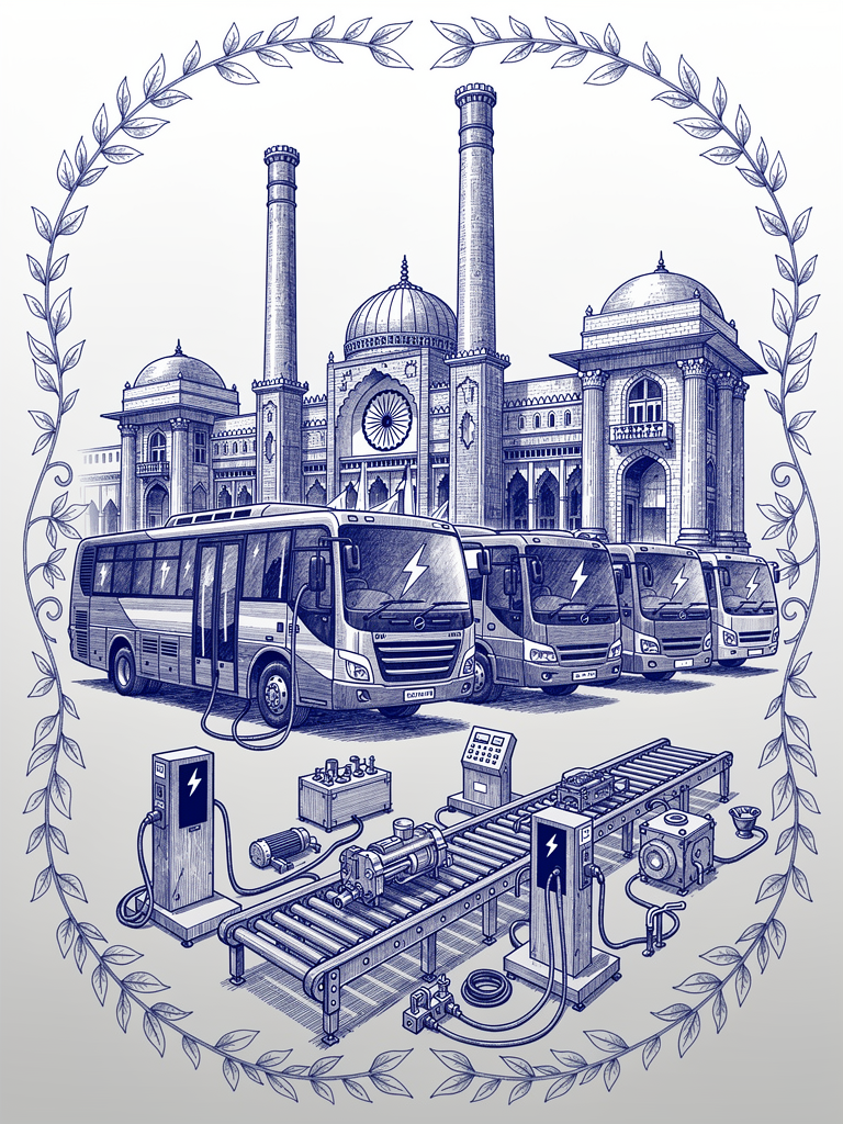 Industrial manufacturing illustration showing BHEL's domestic EV charging infrastructure production with commercial vehicles and high-capacity charging systems