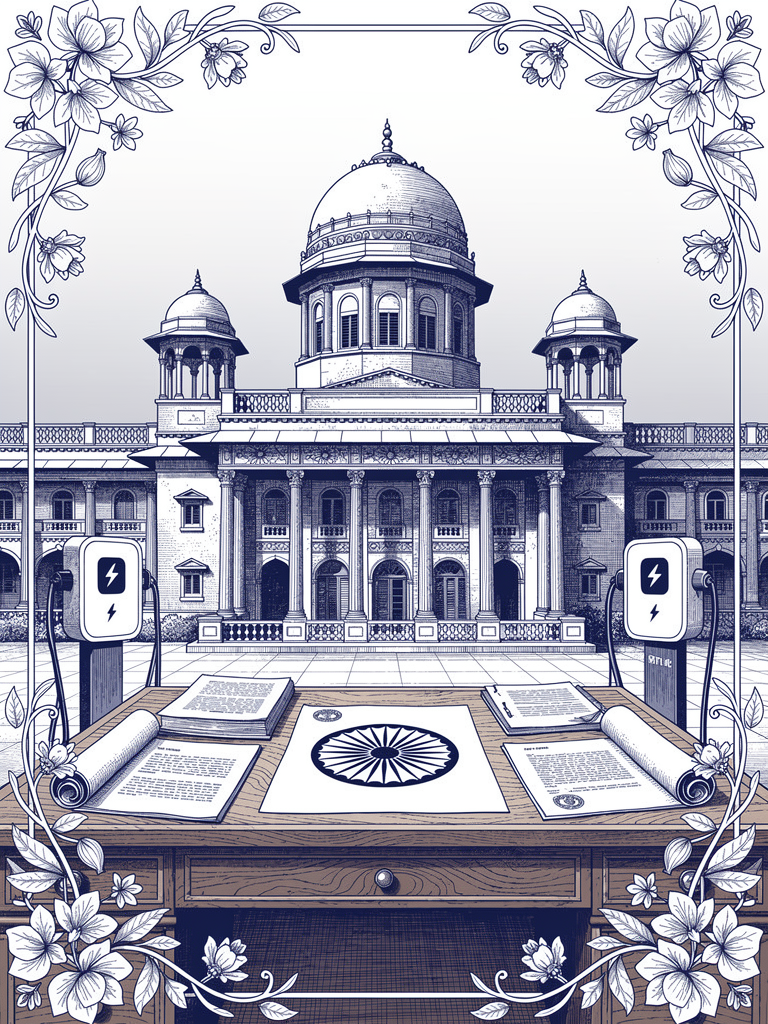 Government policy illustration showing Indian administrative building with official documents representing the ₹69,873 crore EV ecosystem funding framework