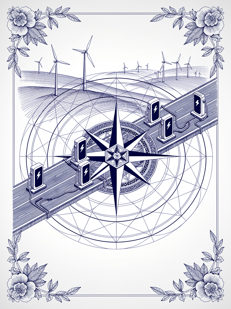 Infrastructure illustration depicting India's highway corridor EV charging network expansion with charging stations, compass rose, and geometric connectivity patterns