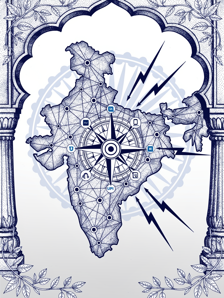 Network illustration showing India's unified EV charging payment system with charging stations connected through UPI payment infrastructure