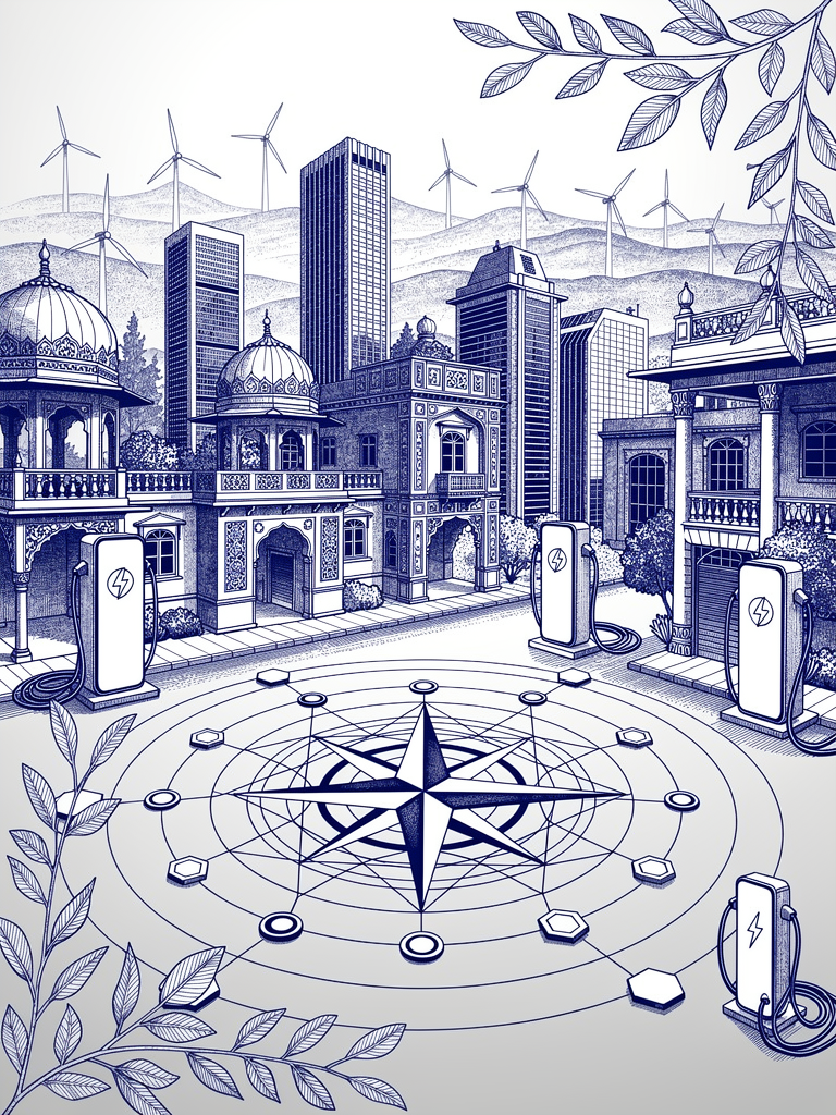 Urban landscape illustration showing India's EV charging infrastructure expansion with charging stations, modern and traditional architecture, and network connectivity elements representing the scale of growth to 1.32 million stations by 2030