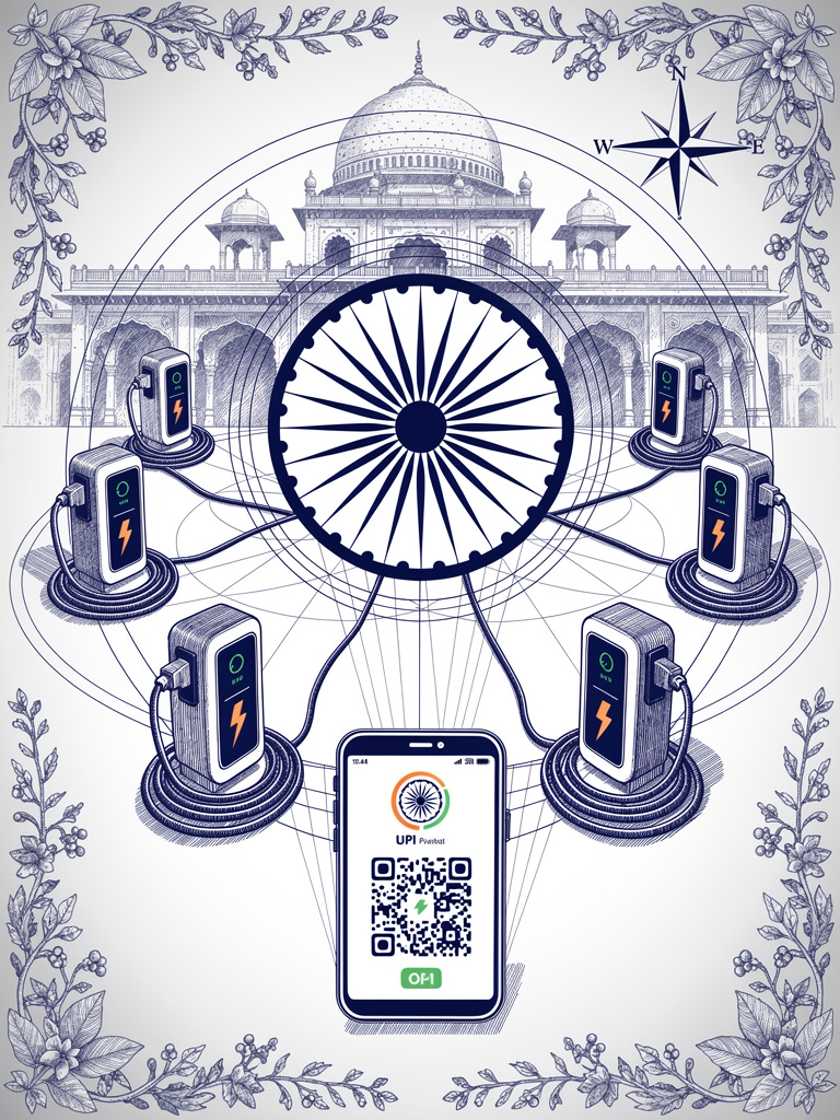 Pen-and-ink illustration of Ashoka Chakra surrounded by EV charging stations and UPI QR code, celebrating the UBC launch on Independence Day
