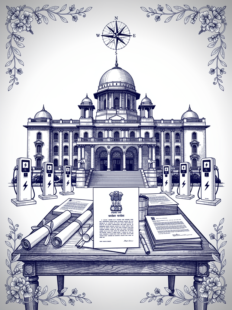 Government policy illustration showing official building with EV charging infrastructure and Indian emblems representing the ₹503 crore PM E-Drive funding announcement for UBC-compliant chargers