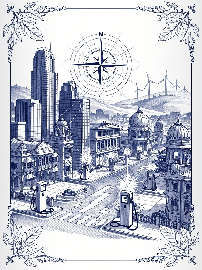 Market growth illustration showing India's expanding urban landscape with EV charging infrastructure and connectivity symbols representing the rapid growth of electric vehicle adoption and supporting infrastructure
