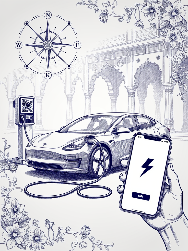 UPI payment integration illustration showing electric vehicle charging with smartphone payment interface and Indian architectural elements representing seamless digital payment experience