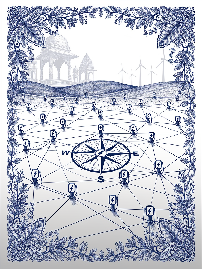 Infrastructure network illustration showing connected EV charging stations across India with compass rose and Indian architectural elements representing the nationwide UBC charging network expansion