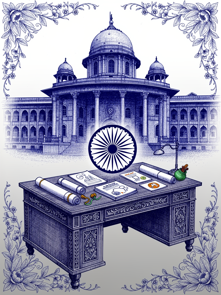 Indian government policy illustration showing classical architecture with official documents representing PM E-DRIVE scheme and UBC protocol policy framework