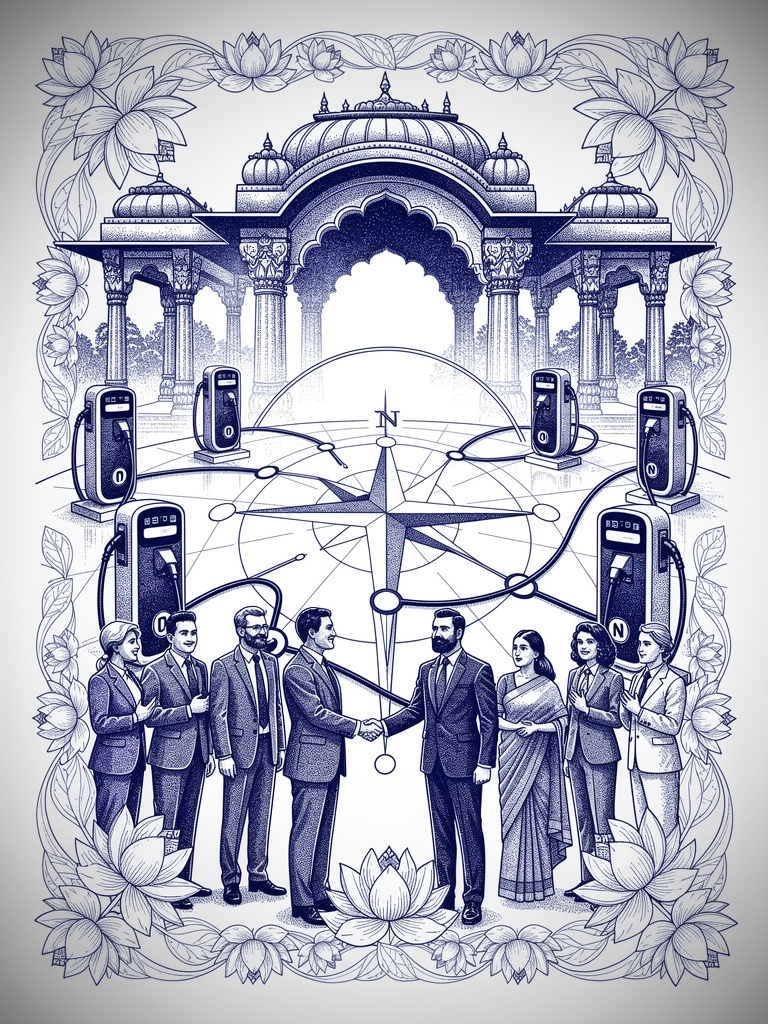 Illustration showing charging operators joining the unified UBC network with connected charging stations and business partnership symbols