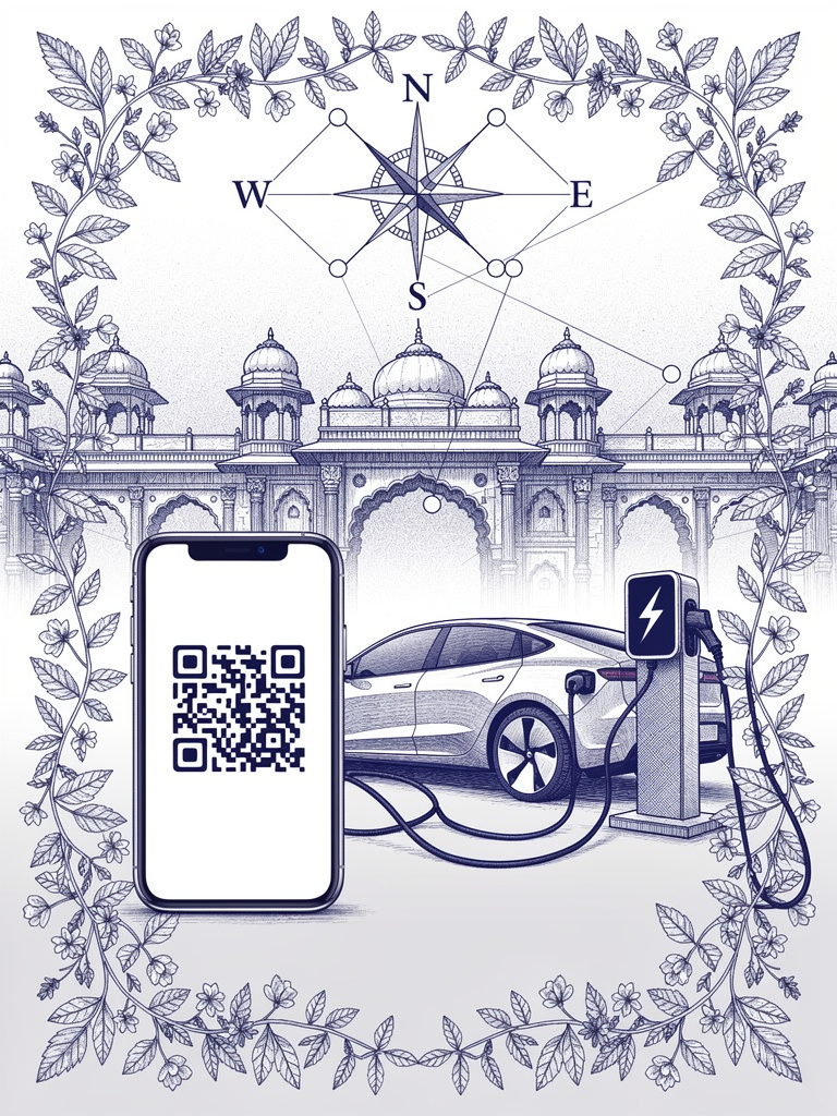 Illustration showing seamless UPI integration for EV charging with smartphone QR code payment and charging station network connectivity