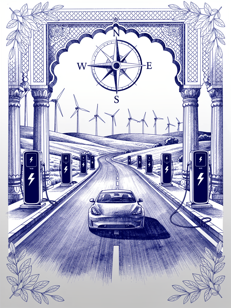 Highway infrastructure illustration showing EV charging corridor with electric vehicle and charging stations positioned along a scenic route