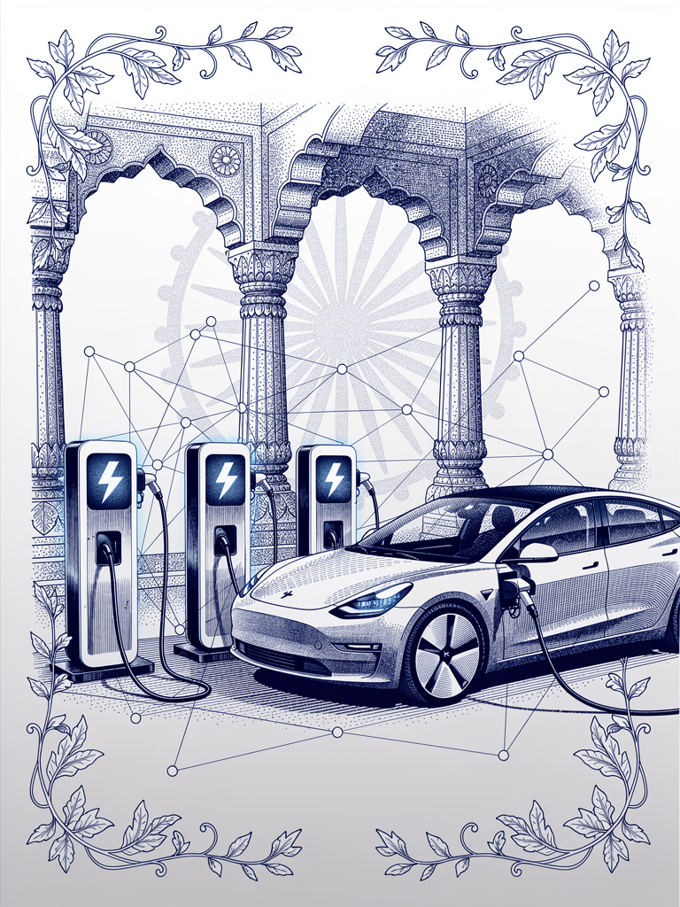 EV charging stations connected in a unified network with Indian architectural elements and connectivity motifs representing successful mass integration