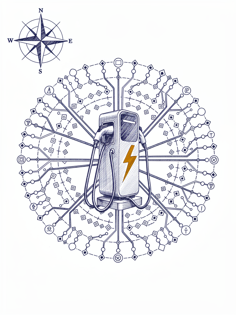 Pen-and-ink illustration of an EV charging station at the center of concentric network rings, with charging cables connecting to network nodes and a compass rose in the corner