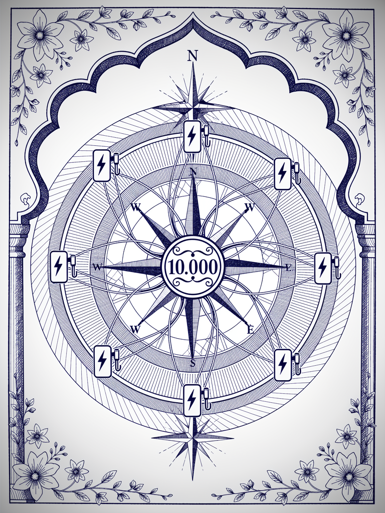 Network diagram showing 10,000 connected EV charging stations with compass rose and architectural elements representing India's unified charging infrastructure milestone