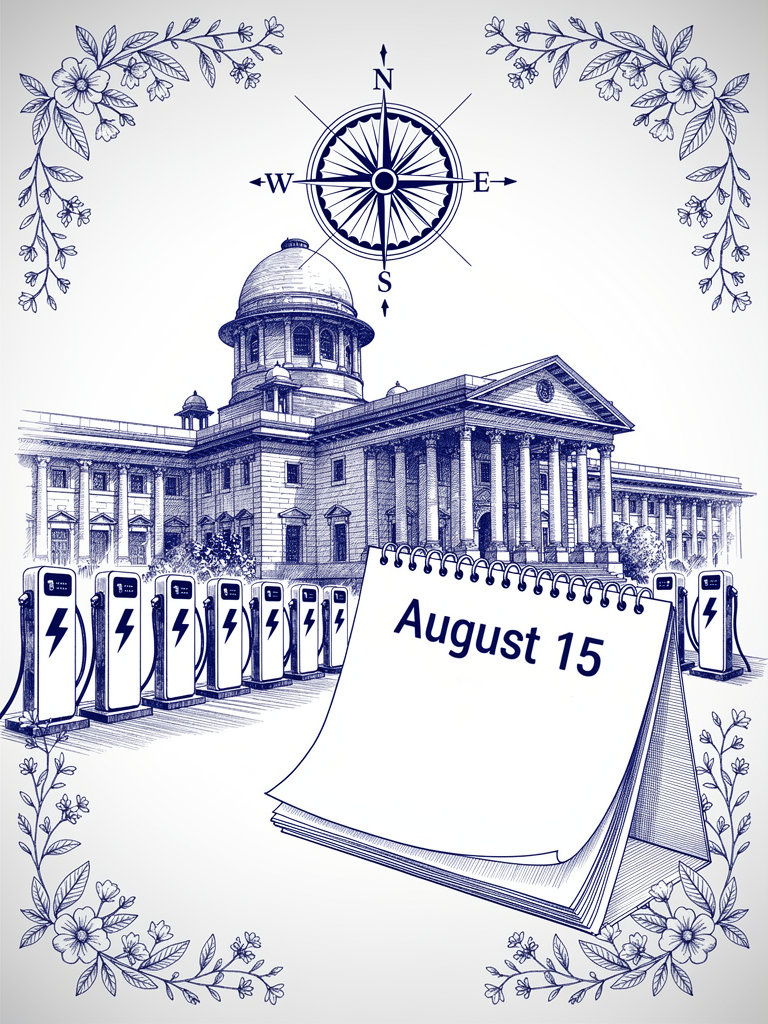 Government building with calendar showing August 15 launch date and EV charging stations representing UBC network readiness