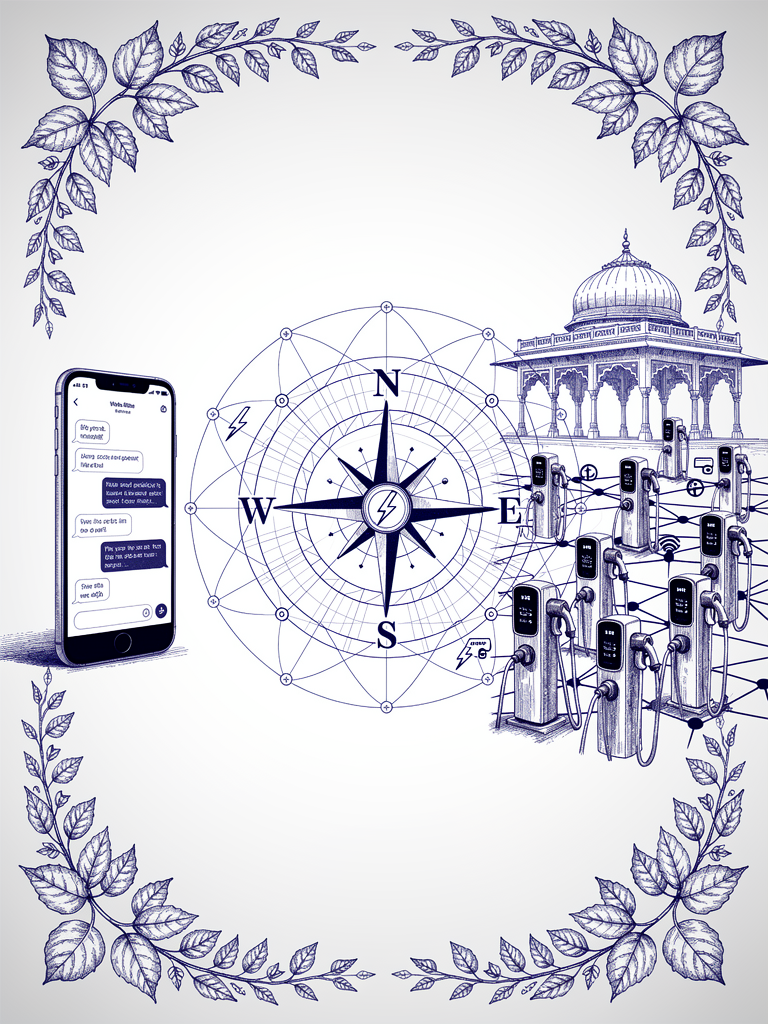 Timeline illustration showing the evolution from WhatsApp EV charging experiment to India's unified UBC network with compass rose and charging stations connected through digital infrastructure